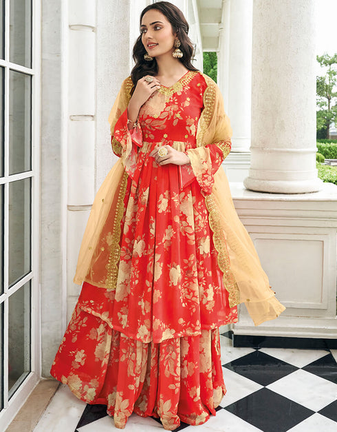 Red Pure Fox Georgette Sharara Suit