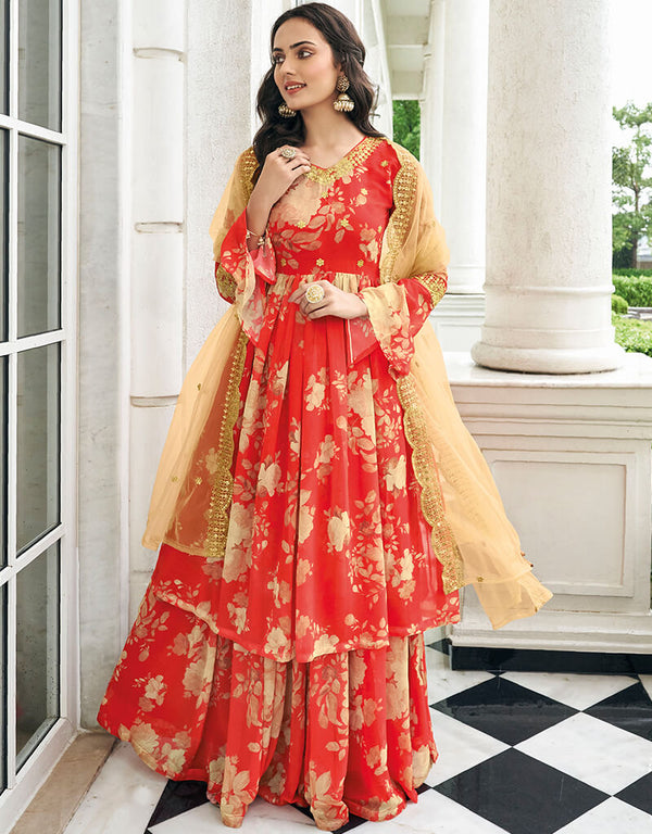 Red Pure Fox Georgette Sharara Suit