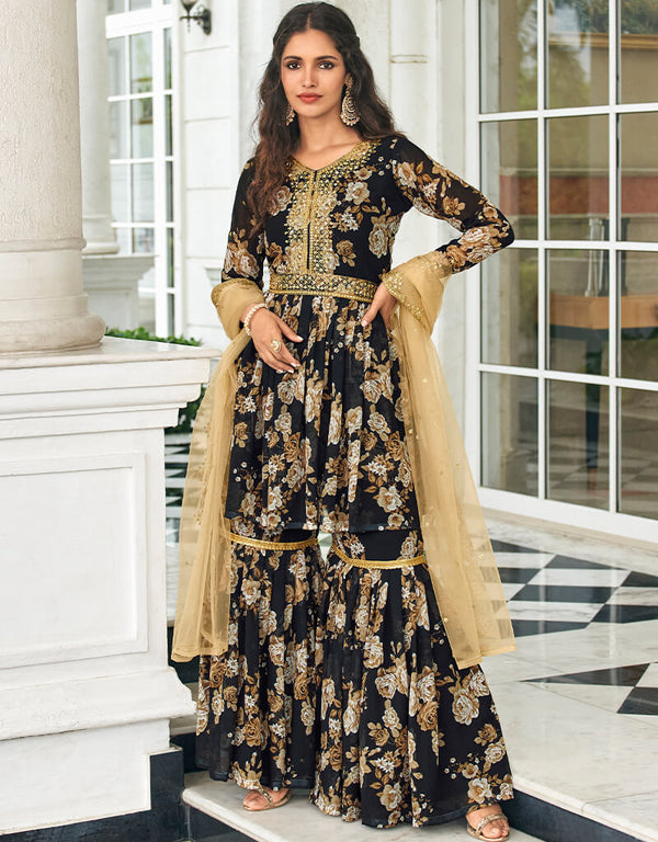 Black Pure Fox Georgette Sharara Suit