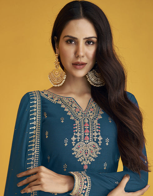 Teal Fox Georgette Anarkali Salwar Suit Closure View