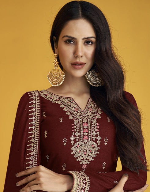 Maroon Fox Georgette Anarkali Salwar Suit Closure View