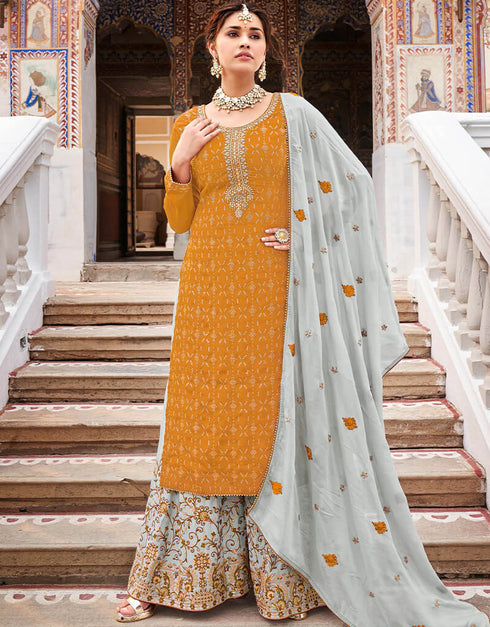 Mustard Heavy Chinon Palazzo Salwar Suit