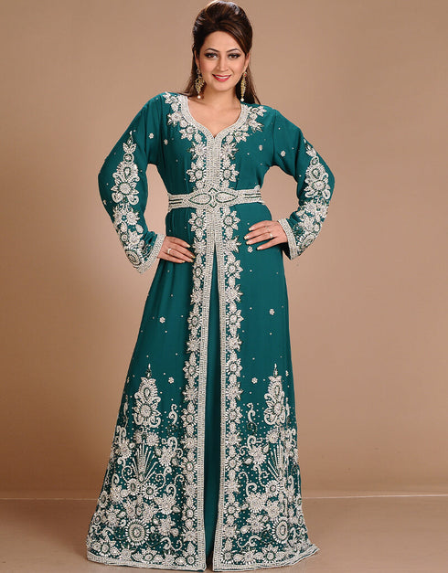 Modest Green Georgette Hand Embroidery Party Wear Kaftan
