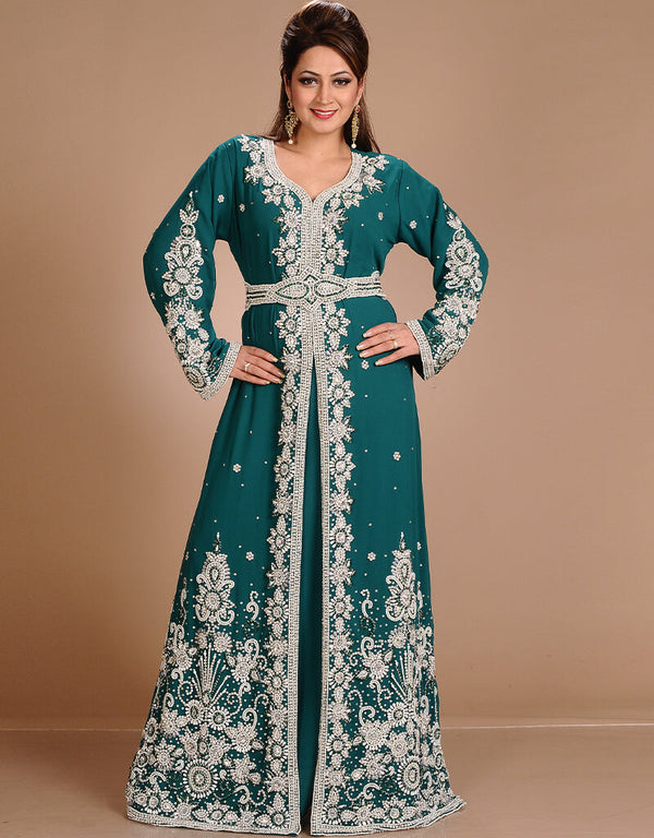 Modest Green Georgette Hand Embroidery Party Wear Kaftan