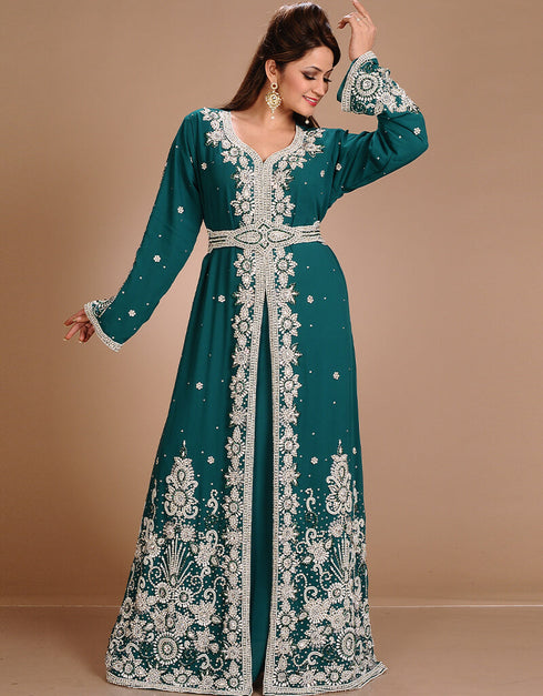 Modest Green Georgette Hand Embroidery Party Wear Kaftan