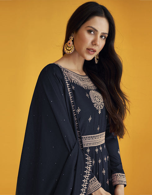 Navy Blue Fox Georgette Anarkali Salwar Suit Closure View