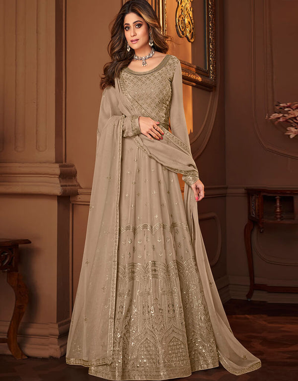 Real Georgette Light Brown Salwar Kameez Suit Anarkali Bottom