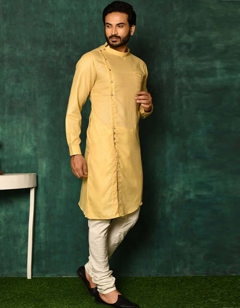 Beige Kurta Cotton Payjama Closure View
