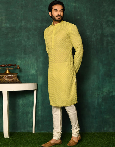 Parrot Green Kurta Cotton Payjama Closure View