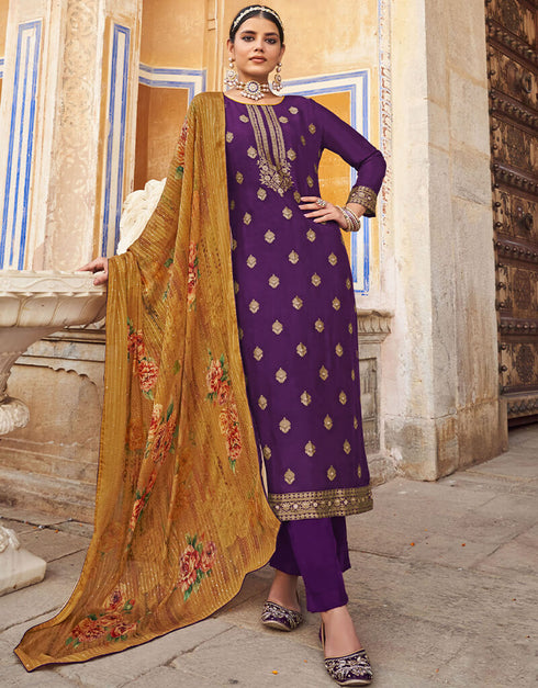 Purple Pure Dola Jacquard Palazzo Salwar Suit