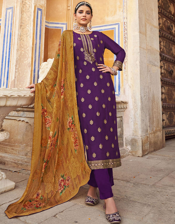 Purple Pure Dola Jacquard Palazzo Salwar Suit