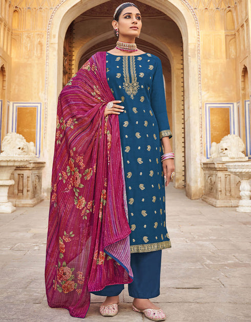 Teal Blue Pure Dola Jacquard Palazzo Salwar Suit