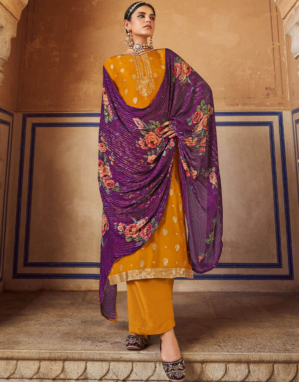 Mustard Pure Dola Jacquard Palazzo Salwar Suit