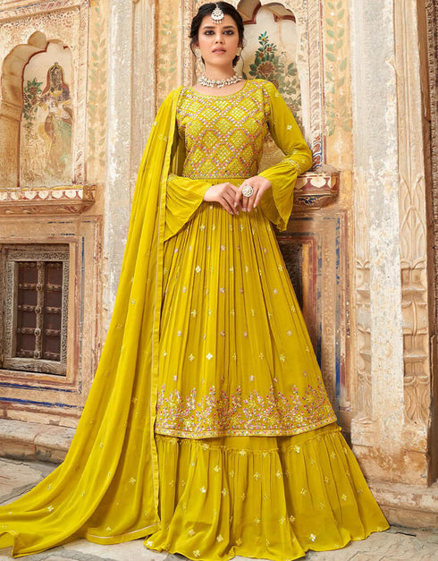 Yellow Heavy Georgette Naira Cut Lehenga Salwar Suit