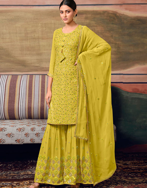 Pure Georgette Lemon Salwar Kameez Suit Sharara Bottom