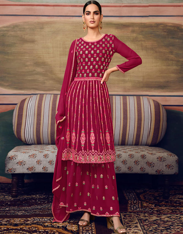 Pure Georgette Rani Pink Salwar Kameez Suit Sharara Bottom