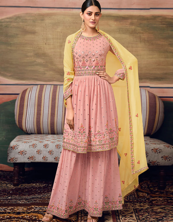 Pure Georgette Peach Salwar Kameez Suit Sharara Bottom