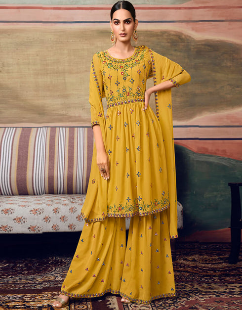 Pure Georgette Mustard Salwar Kameez Suit Sharara Bottom