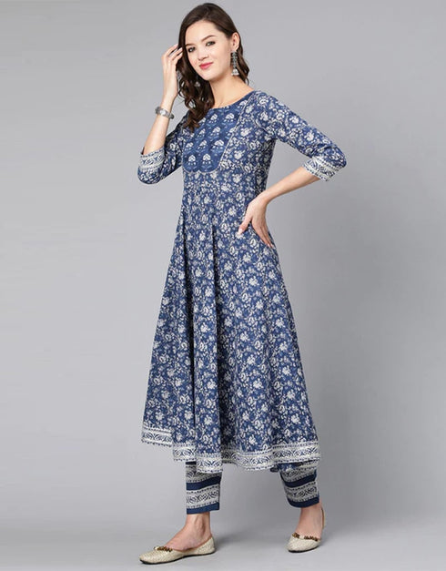 Blue Pure Cotton Pant Anarkali Closure View