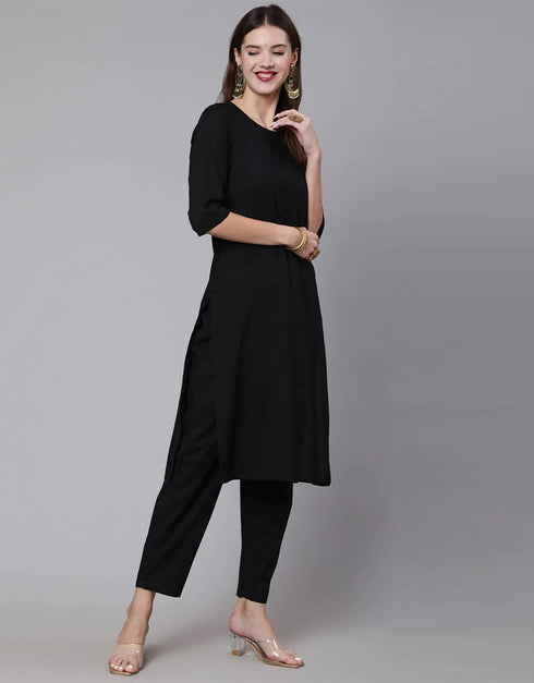 Black Pure Cotton Pant Suit Closure View