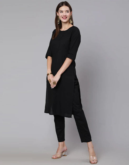 Black Pure Cotton Pant Suit Closure View