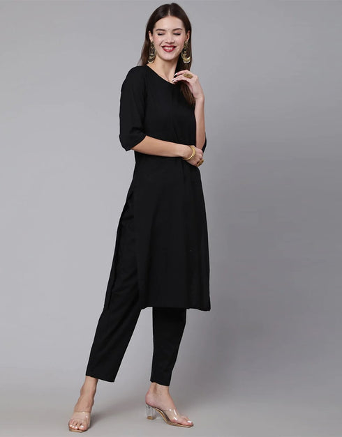 Black Pure Cotton Pant Suit Closure View