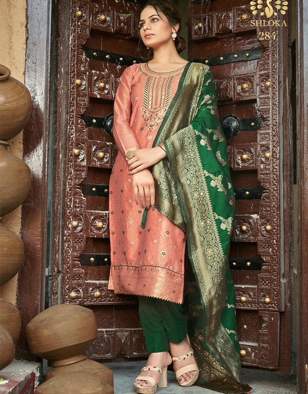 Banarasi Jacquard Peach Salwar Kameez Suit Pant Bottom