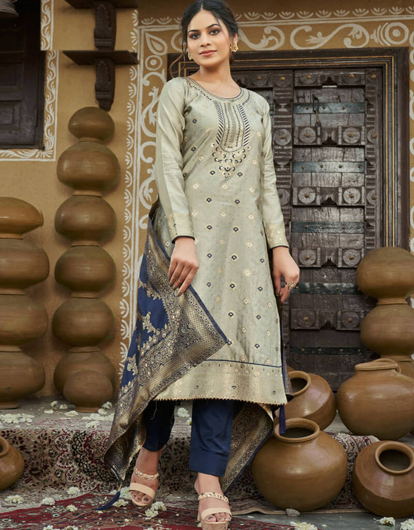 Banarasi Jacquard Grey Salwar Kameez Suit Pant Bottom