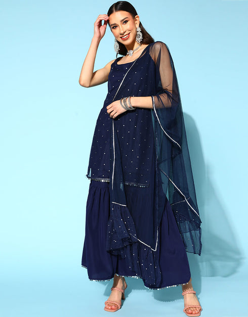 Navy Blue Poly Crepe Sharara Suit Closure View
