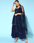 Navy Blue Poly Crepe Sharara Suit Closure View