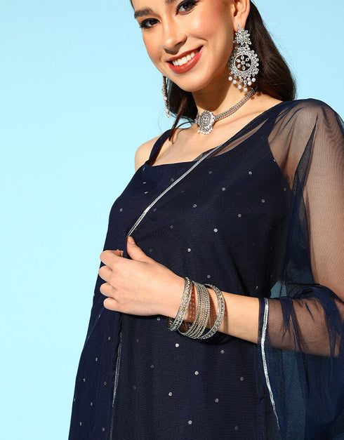 Navy Blue Poly Crepe Sharara Suit Salwar Kameez