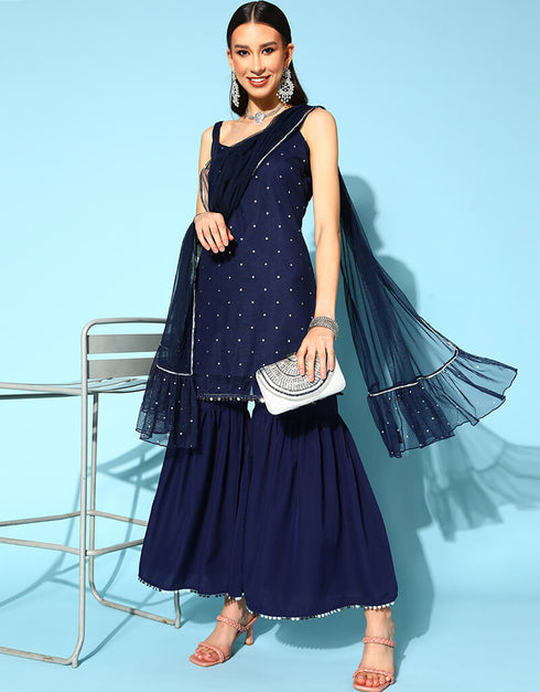Navy Blue Poly Crepe Sharara Suit