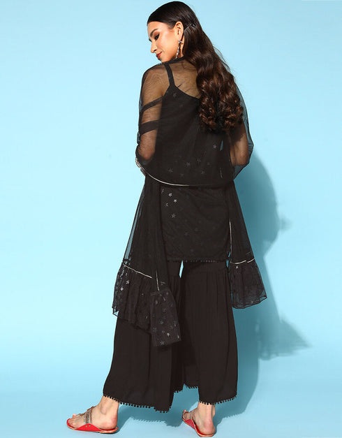 Black Poly Crepe Sharara Suit Back View