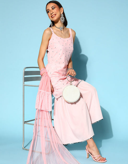 Light Pink Poly Crepe Sharara Suit Closure View