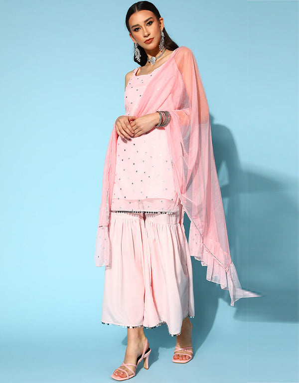 Light Pink Poly Crepe Sharara Suit