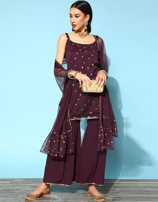 Wine Poly Crepe Sharara Suit
