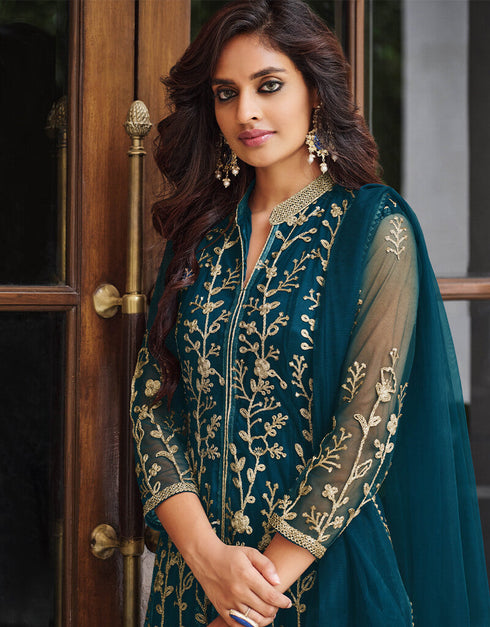 Teal Pure Butterfly Net Pant Suit Closure View