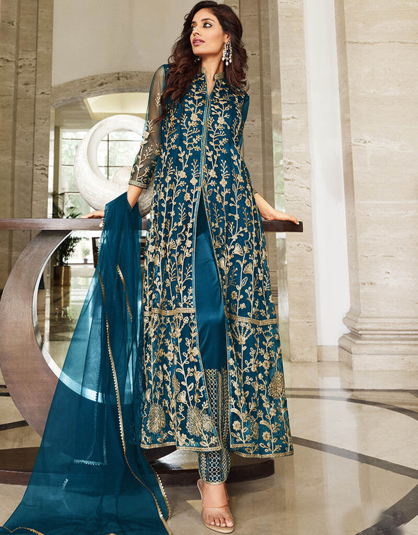 Teal Pure Butterfly Net Pant Suit