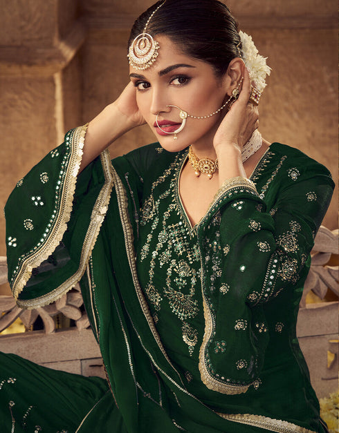 Green Fox Georgette Sharara Salwar Suit Closure View