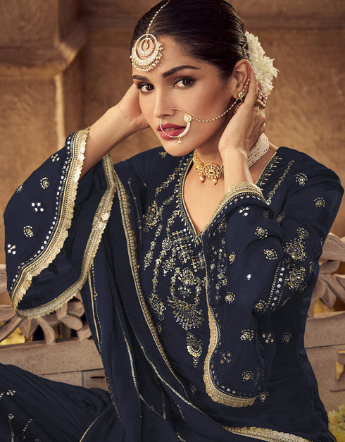 Navy Blue Fox Georgette Sharara Salwar Suit Closure View