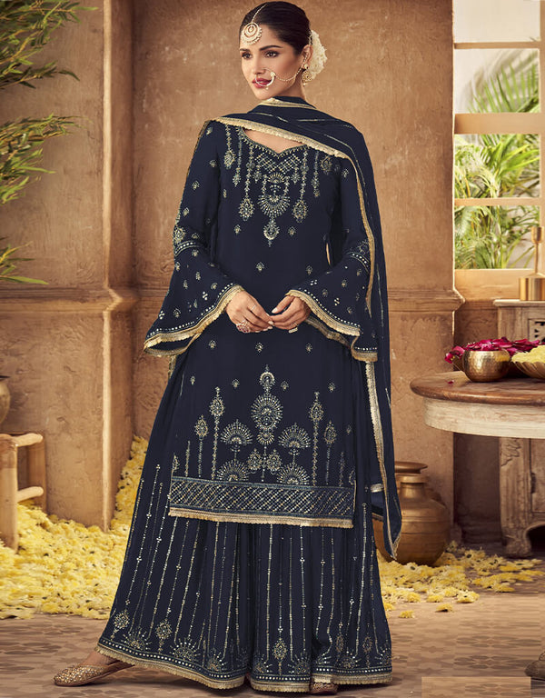 Navy Blue Fox Georgette Sharara Salwar Suit