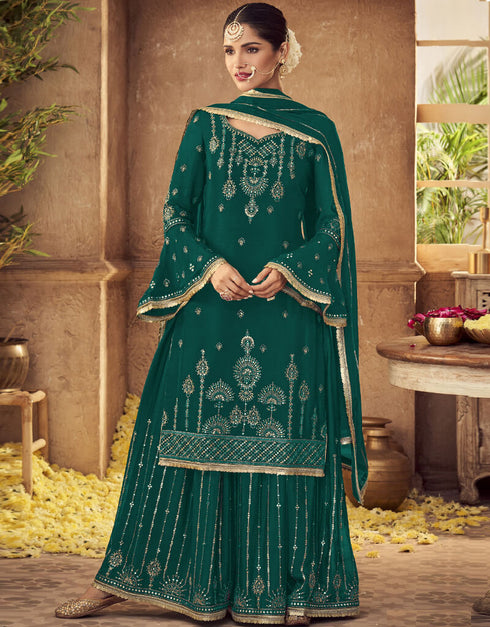 Teal Blue Fox Georgette Sharara Salwar Suit