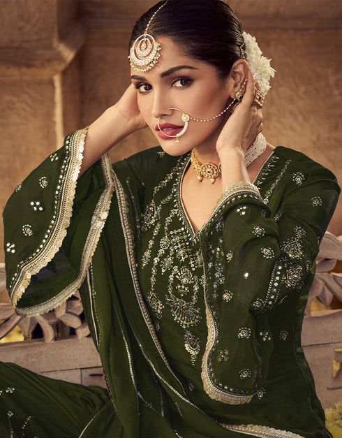Mehndi Green Fox Georgette Sharara Salwar Suit Closure View