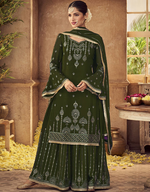 Mehndi Green Fox Georgette Sharara Salwar Suit