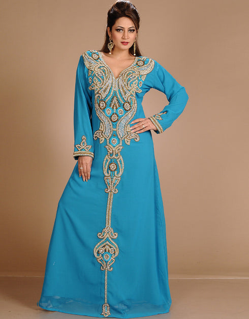 Islamic Firozi Blue Georgette Hand Embroidery Party Wear Kaftan