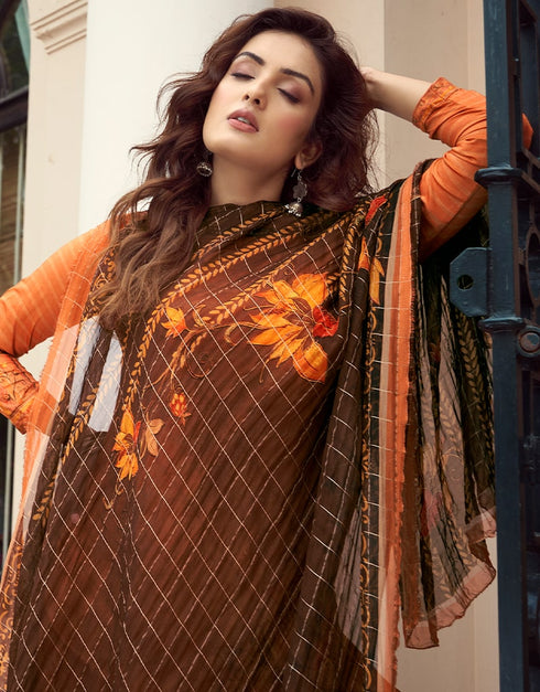 Orange Pant style Suit Pure Viscose Silk Salwar Kameez in Digital Print, Handwork & Lace Work Closure View Embroidery