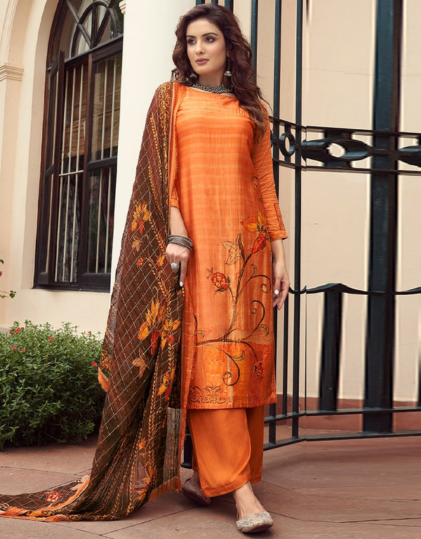 Orange Pant style Suit Pure Viscose Silk Salwar Kameez in Digital Print, Handwork & Lace Work