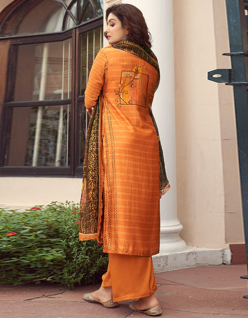 Orange Pant style Suit Pure Viscose Silk Salwar Kameez in Digital Print, Handwork & Lace Work Closure View