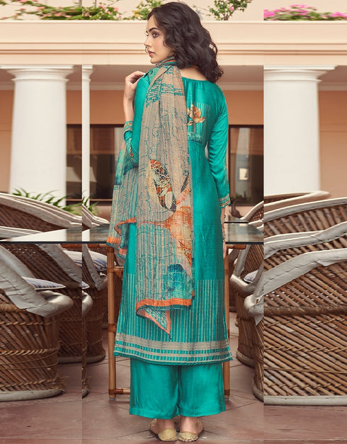Teal Green Pant style Suit Pure Viscose Silk Salwar Kameez in Digital Print, Handwork & Lace Work Closure View