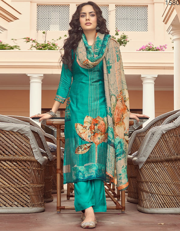 Teal Green Pant style Suit Pure Viscose Silk Salwar Kameez in Digital Print, Handwork & Lace Work